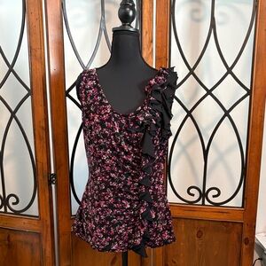 Elle Black Tank Top with Pink Floral Print and Ruffle Detail